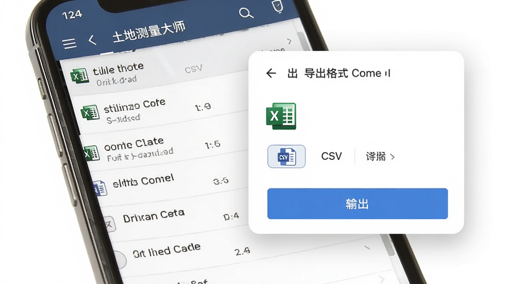 土地测量大师数据导出界面,画面主体是手机屏幕显示测量历史列表与导出格式选择弹窗,布局为列表加弹窗,风格简洁商务风,细节包括Excel图标、CSV文字标签、导出按钮,画质清晰,干净,无多余元素