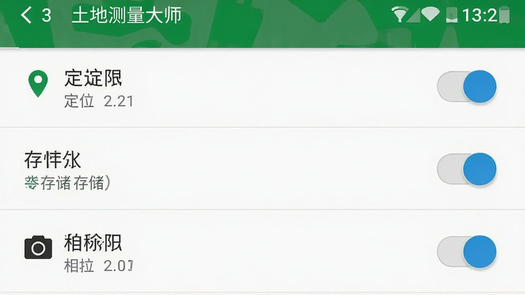 土地测量大师手机权限设置界面截图,画面主体是安卓手机设置页面中应用权限管理界面,布局为列表展示定位、存储、相机权限开关,风格系统原生UI风格,细节包括权限名称文字与开关按钮,画质清晰,干净,无多余元素