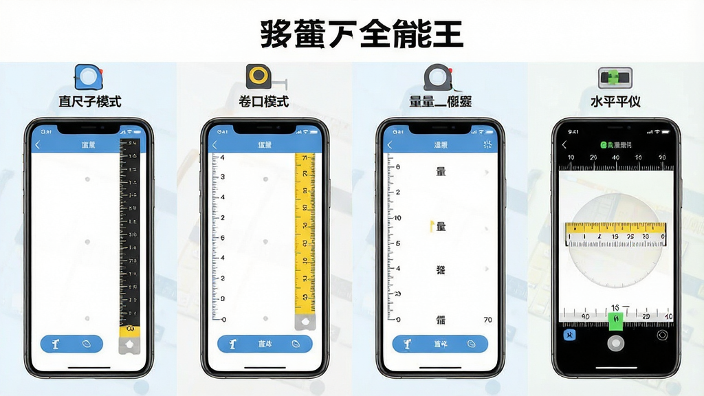 一张「扫描尺子全能王」多模式功能展示图,画面中排列四个手机屏幕截图,分别展示直尺模式、卷尺模式、量角器模式和水平仪模式的界面,每个屏幕上方有对应的工具图标与名称标签,布局采用四宫格排版,风格清新扁平化,细节上每个界面都有清晰的刻度与操作按钮,画质高清,干净,无多余元素。