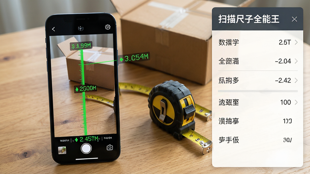 一张「扫描尺子全能王」功能展示图,画面主体为手机屏幕显示AR测量界面,屏幕上叠加了虚拟刻度线与测量数值,背景为一张木桌与一个纸箱,手机旁边放置一把传统卷尺作为对比,布局采用左右分栏,左侧为手机测量画面,右侧为测量结果数据面板,风格写实科技感,细节上手机屏幕有绿色测量线与数字标注,画质高清,干净,无多余元素。