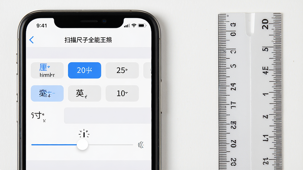 一张「扫描尺子全能王」单位切换与校准界面展示图,画面中手机屏幕显示设置面板,面板上有厘米、毫米、英寸等单位选项与校准滑块,屏幕旁边放置一把标准直尺作为参照,布局采用左中右结构,左侧为手机设置界面,右侧为参照物,风格简洁实用,细节上单位选项有高亮选中状态,画质高清,干净,无多余元素。