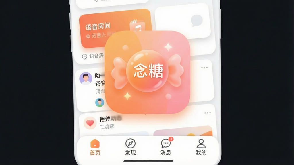一张展示手机社交应用主界面的插画,画面中央是名为“念糖”的APP图标,图标设计为圆润的糖果造型,主色调为暖橙色与淡粉色渐变。界面布局展示底部导航栏包含“首页”“发现”“消息”“我的”四个模块,首页信息流中呈现语音房间卡片和用户动态卡片。风格为扁平化UI插画,细节包含柔和的阴影、圆角卡片、微光质感,画质清晰干净,无多余元素