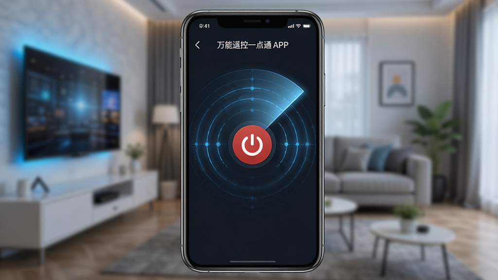 һ��չʾ����ң��һ��ͨAPP����ƥ������ͼƬ���ֻ���Ļ������ʾһ����ɫ�ĵ�Դ��ť����ť��Χ���״�ɨ�貨��Ч����������ģ���Ŀ������������Ƽ���ʮ�㣬�����������ɾ��޶���Ԫ��