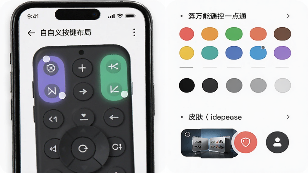 һ��չʾ����ң��һ��ͨAPP�Զ��尴�����ֽ����ͼƬ���ֻ���Ļ��ʾ����ק��ң��������ģ�飬�Ա�����ɫѡ������Ƥ���л�ѡ�������Ƴ������Ի�Ԫ�أ�����ִ�ʱ�У����ʸ��壬�ɾ��޶���Ԫ��