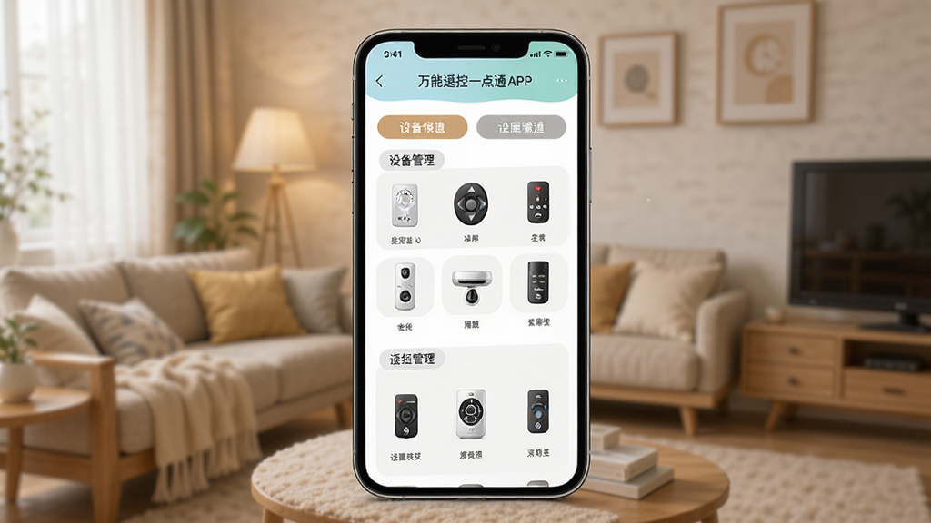 һ��չʾ����ң��һ��ͨAPP�豸������������ͼƬ���ֻ���Ļ��ʾ�������ı�ǩҳ��ÿ����ǩҳ�������Ŷ�Ӧ�ļҵ�ң��ͼ�꣬���沼�������������ܰ�Ӽң�����ϸ�壬�ɾ��޶���Ԫ��