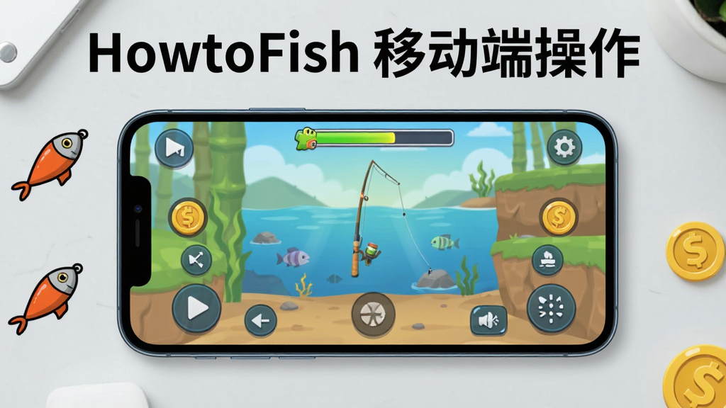 ����չʾһ�������ֻ����������������ϣ���Ļ����ʾHowtoFish��Ϸ���棬���������ǵ������������Χ�����ⰴ���ͽ��������ֻ��Ա�ɢ���ż�����ͨ���ͼ��ͽ�ҷ��ţ�������ǳ��ɫ���棬�����������죬���֡�HowtoFish �ƶ��˲�������������Ļ�Ϸ��������������޶���Ԫ��