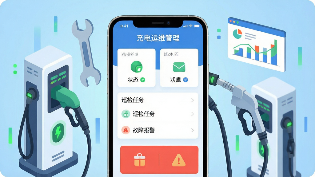 ����������һ�������ֻ�����Ļ����ʾ�������ά������APP�����棬����������׮״̬��Ƭ��Ѳ�������б��͹��ϱ���ͼ�ꡣ�ֻ���Χ�����ų��׮�����֡�����ͼ����Ԫ�أ�����Ϊǳ��ɫ�Ƽ�������������ñ�ƽ���廭��񣬲��ּ��������ϸ�ڰ������ǹ���¡���ɫ״ָ̬ʾ�ơ����ʸ��壬�ɾ����࣬�޶���Ԫ�ء�