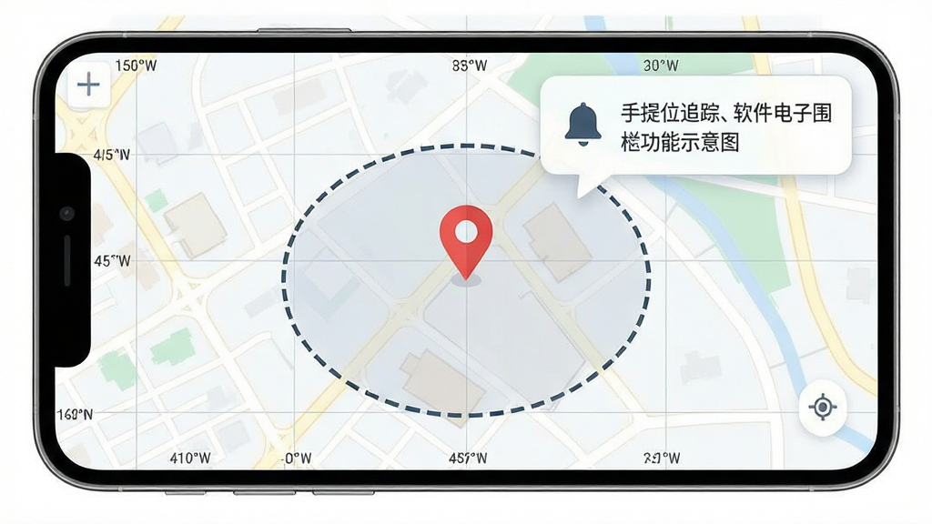 手机号定位追踪寻人软件电子围栏功能示意图,画面中手机屏幕显示地图上画有一个圆形围栏区域,区域边缘有虚线标注,中心有一个定位图钉,画面角落弹出提醒通知气泡,布局为全屏地图加悬浮提示,风格为简约商务风,细节包含经纬度网格线和通知铃铛图标,画质干净,无多余装饰。
