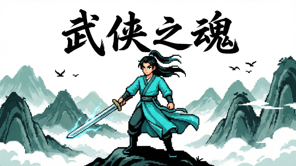 画面主体为一位身着青衫的年轻侠客手持长剑立于山巅,背景是连绵群山与云雾缭绕的古典武侠场景,布局采用居中构图,上方留白处用毛笔字体书写“武侠之魂”四个大字,排版简洁大气,风格为中国风水墨与像素风结合,细节上剑身泛着寒光、衣袂随风飘动、远处有飞鸟掠过,画质清晰干净,无多余元素,整体色调以青绿与墨色为主。