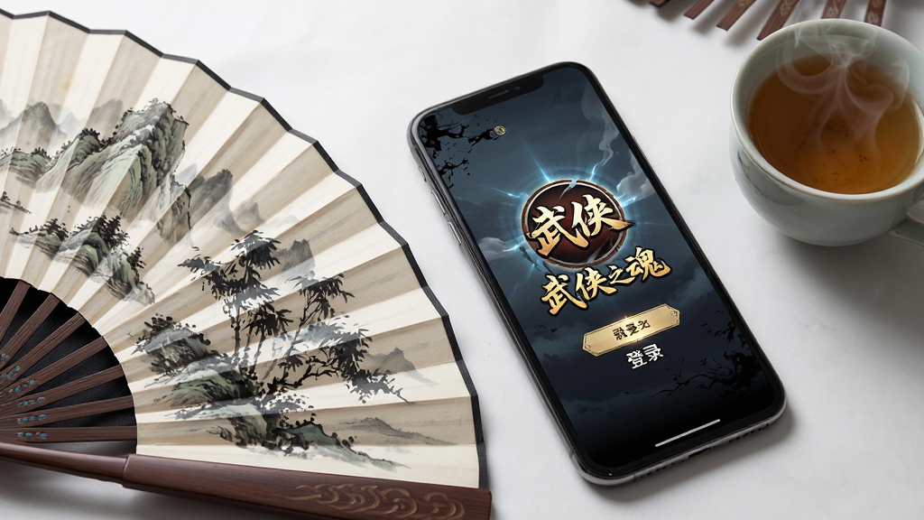 画面主体为手机屏幕显示武侠之魂游戏登录界面,旁边放置一把折扇与茶杯,布局为斜角俯视构图,排版突出手机与游戏画面,风格为静物摄影与古风元素结合,细节上屏幕内可见“武侠之魂”启动图标、扇面有山水画、茶杯冒着热气,画质干净清晰,无多余元素。