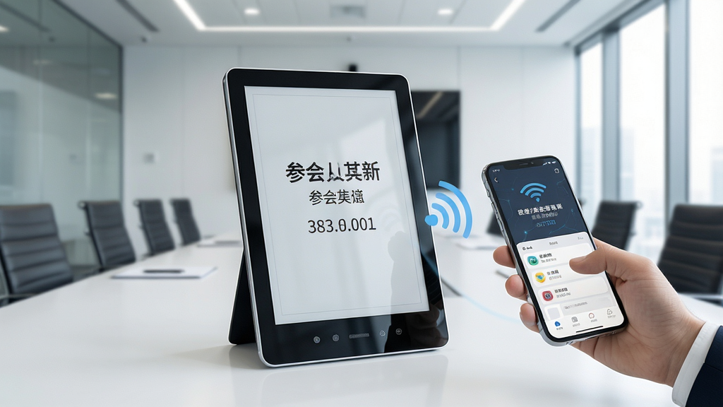 一张展示电子纸桌牌应用界面的场景图,画面中央是一台电子纸屏幕设备显示着参会人员姓名和职位信息,旁边一部智能手机正通过无线方式推送数据到电子纸屏幕,背景是现代化会议室环境,整体布局简洁明了,风格偏向商务科技风,细节上突出电子纸屏幕的清晰显示效果和手机端操作的便捷性,画质高清干净,无多余元素