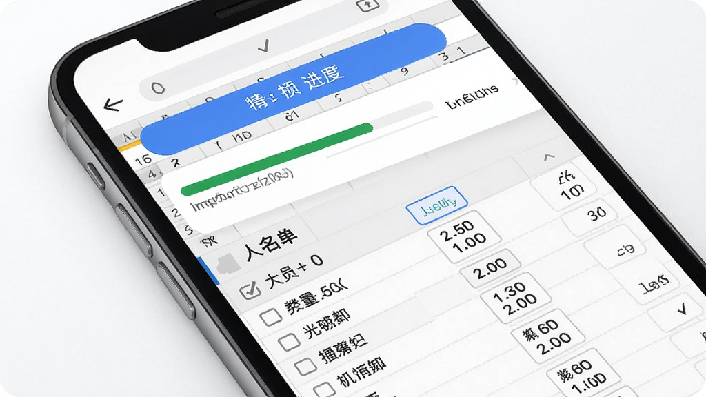 一幅展示电子纸桌牌应用批量导入功能的界面截图风格图,画面主体为手机屏幕显示Excel表格导入进度条和已生成的人员名单列表,布局采用上下结构,上方为导入按钮下方为名单预览,风格为现代UI设计风,细节上突出数据列表的整齐排列和进度提示,画质高清干净,无多余元素