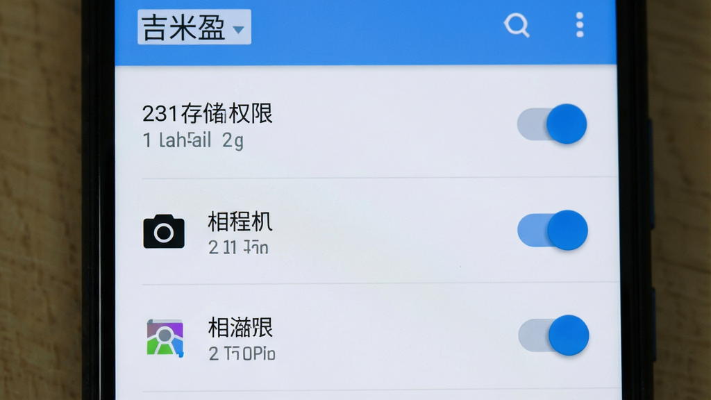 手机屏幕显示应用权限设置页面,主体为安卓系统权限管理界面,布局为列表式排列,排版清晰,风格为系统原生UI,细节包括存储权限开关、相机权限开关、相册权限开关,画面中文字标注“吉米盈”,画质清晰,干净,无多余元素