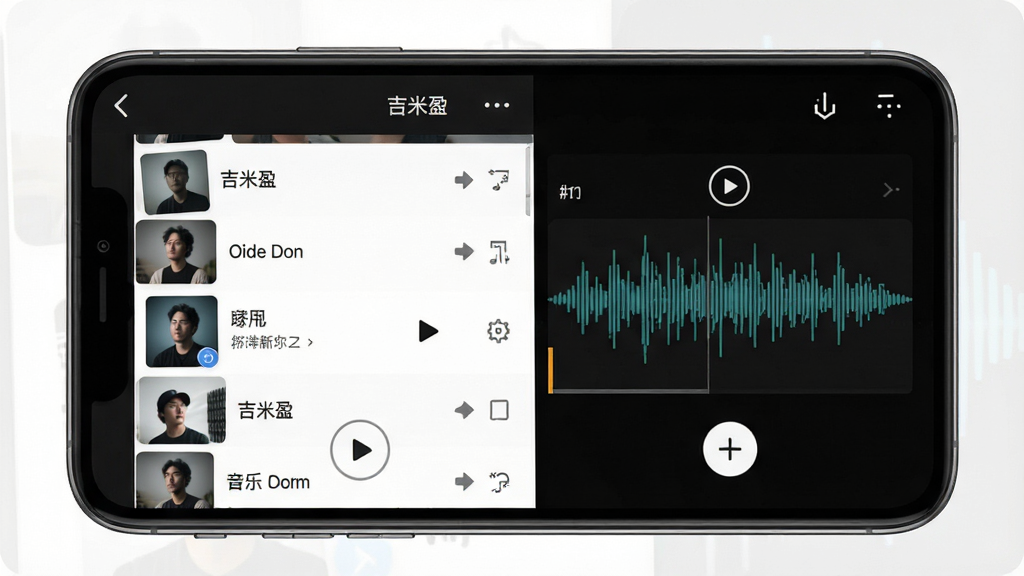 手机界面展示音乐选择与音频波形,主体为视频编辑应用的音乐添加页面,布局为上下分栏,排版整齐,风格为暗色系UI,细节包括音乐列表、播放按钮、音频波形图、添加图标,画面中文字标注“吉米盈”,画质高清,干净,无多余元素