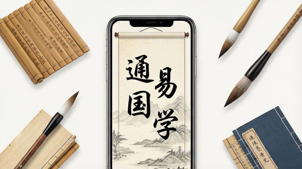 һ��չʾͨ�׹�ѧ��������ĸ���ͼ������Ϊһ�������ֻ�����Ļ����ʾ�Źŷ���ŵ�App��ҳ�棬ҳ����������Ŀ�ġ�ͨ�׹�ѧ���ĸ��鷨���壬�����ǵ��ŵ�ɽˮ�����ᡣ�����ϣ��ֻ����ڻ������У���Χ������Ư�������ë�ʡ���װ�ż��ȹ�ѧԪ�ء��Ű���þ��жԳ�ʽ�����Ϊ��Լ�й��磬ϸ�����������������ë�ʱʺ��ɼ����ż�ҳ�淺�ơ����ʸ��壬����ɾ����޶���Ԫ�ء�