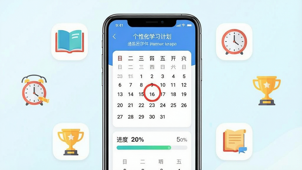 ͨ�׹�ѧ��������չʾͼ������Ϊ�ֻ����棬��Ļ������չʾ�š����Ի�ѧϰ�ƻ�������ҳ�棬�������򿨼�¼�ͽ�����������Ϊ�ֻ����У���Χ�����Ŵ���ѧϰ�ƻ���ͼ�����鱾��ʱ�ӡ������ȡ��Ű���ñ�ƽ����Ʒ��ϸ���������к�Ȧ��ǣ���������ʾ��ɶȡ�����������ɫ�����죬����ɾ����޶���Ԫ�ء�