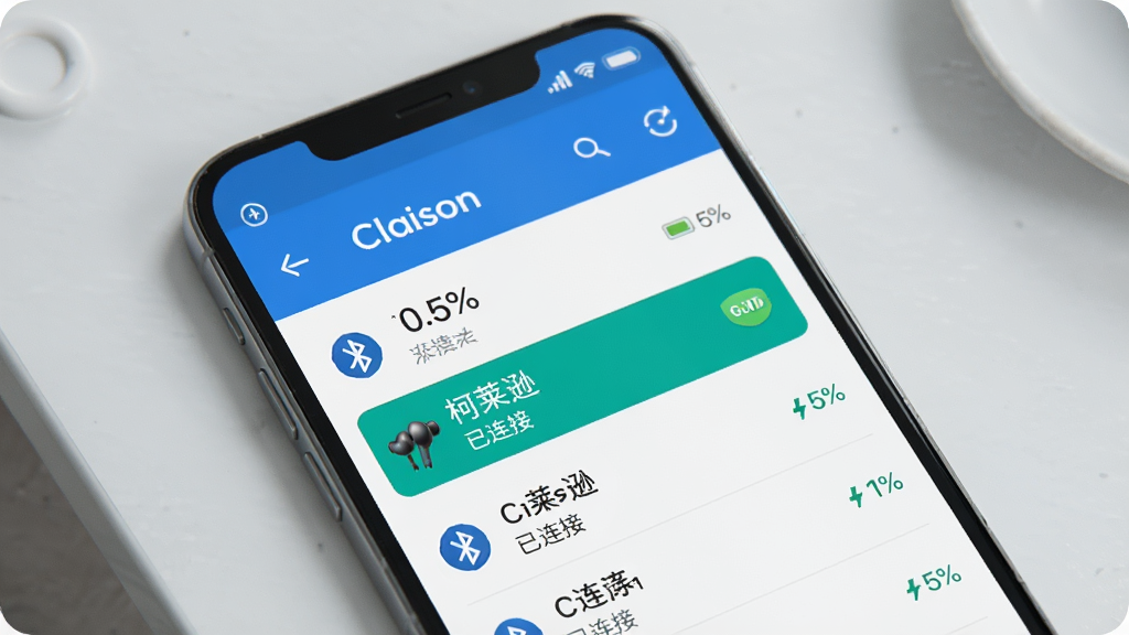 һ��չʾClaison�豸���ӽ����ͼƬ��������һ���ֻ����������ϣ��ֻ���Ļ��ʾ�����豸�б������п���ѷ�������Ƹ�����ʾ���Ա��е����ٷֱȺ�����״̬��ʶ������Ϊ����ǳ��ɫ���棬���������Ȼ����������������ɾ�������Ԫ�أ�ͼƬ�����ְ�����Claison���͡������ӡ�����