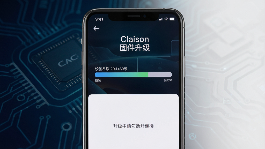 һ��չʾClaison�̼����������ͼƬ���������ֻ���Ļ��ʾ�̼��������������Ϸ����豸���ƺ͵�ǰ�汾����Ϣ���·��С�����������Ͽ����ӡ�����ʾ���֣�����Ϊ��ɫ�Ƽ��н��䣬����Լרҵ�������������޶���װ��Ԫ�أ�ͼƬ�����ְ�����Claison���͡��̼�����������