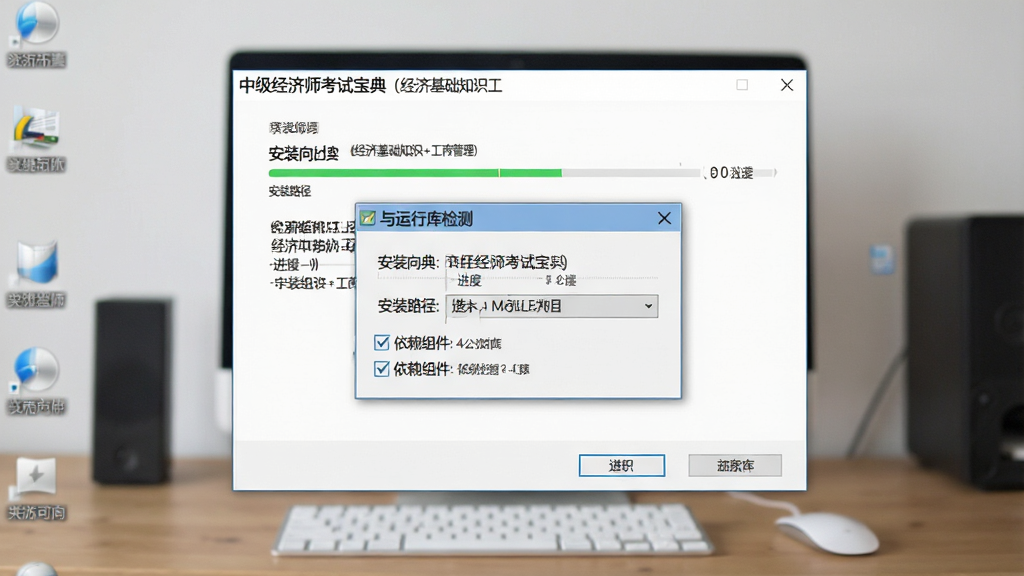 电脑桌面场景,软件窗口标题“中级经济师考试宝典 (经济基础知识+工商管理)”清晰可见,画面展示安装向导与运行库检测提示框,布局为居中弹窗,风格为简洁工具风,细节包括进度条、安装路径选择、依赖组件勾选项,画质高清,干净,无多余元素