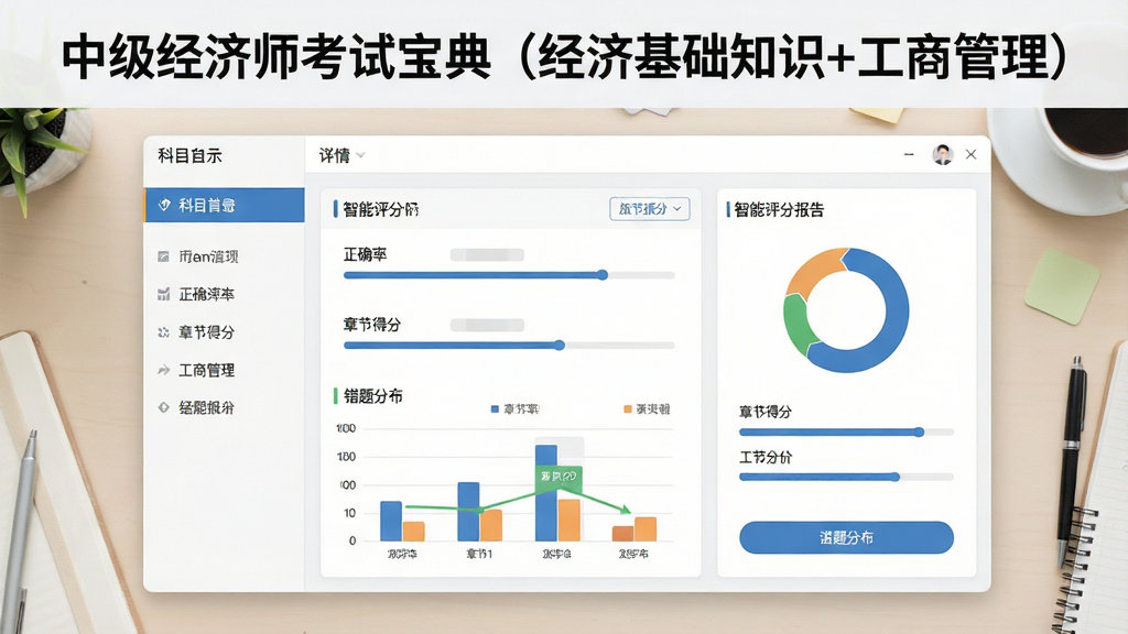软件功能界面,顶部写“中级经济师考试宝典 (经济基础知识+工商管理)”字样,画面中央为智能评分报告面板,显示正确率、章节得分、错题分布图表,背景为浅色学习桌面,布局左右分栏,左侧为科目导航,右侧为报告详情,风格为清爽商务风,细节含环形图、进度条、按钮,画质高清,干净,无多余元素