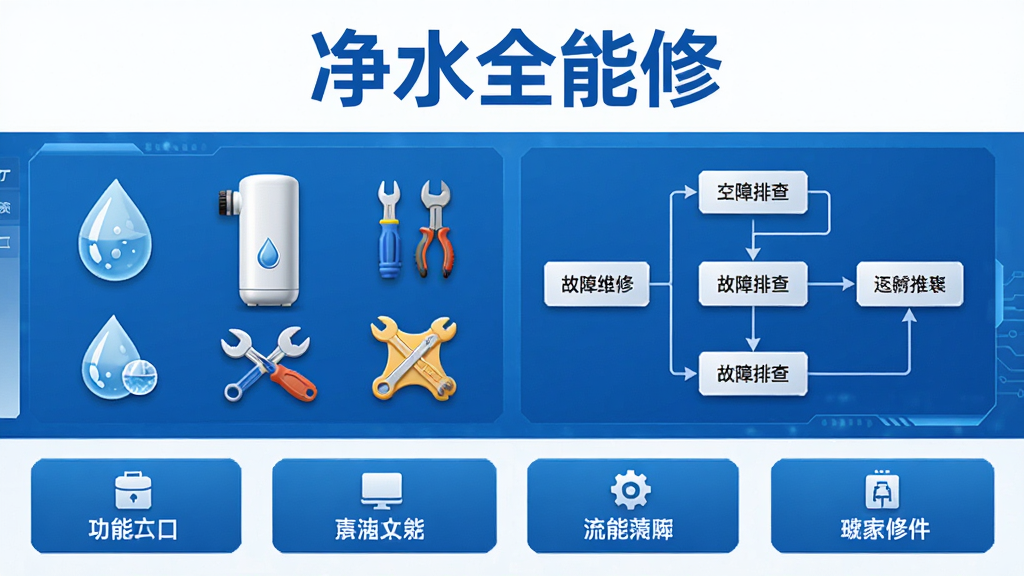 净水全能修软件主界面全貌展示,居中布局,上方为软件名称“净水全能修”文字标识,中部展示净水器维修工具图标与故障排查流程图,下方为功能入口按钮排列,整体采用蓝白科技风格,干净清爽,细节清晰,画质高清,无多余元素