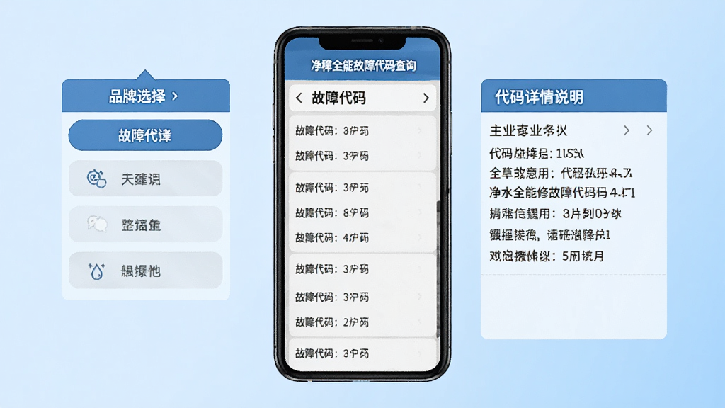 净水全能修故障代码查询界面,画面中央为手机屏幕展示故障代码列表,左侧为品牌选择栏,右侧为代码详情说明区域,背景为浅蓝色渐变,风格简洁专业,文字清晰可读,画质干净,无杂乱元素