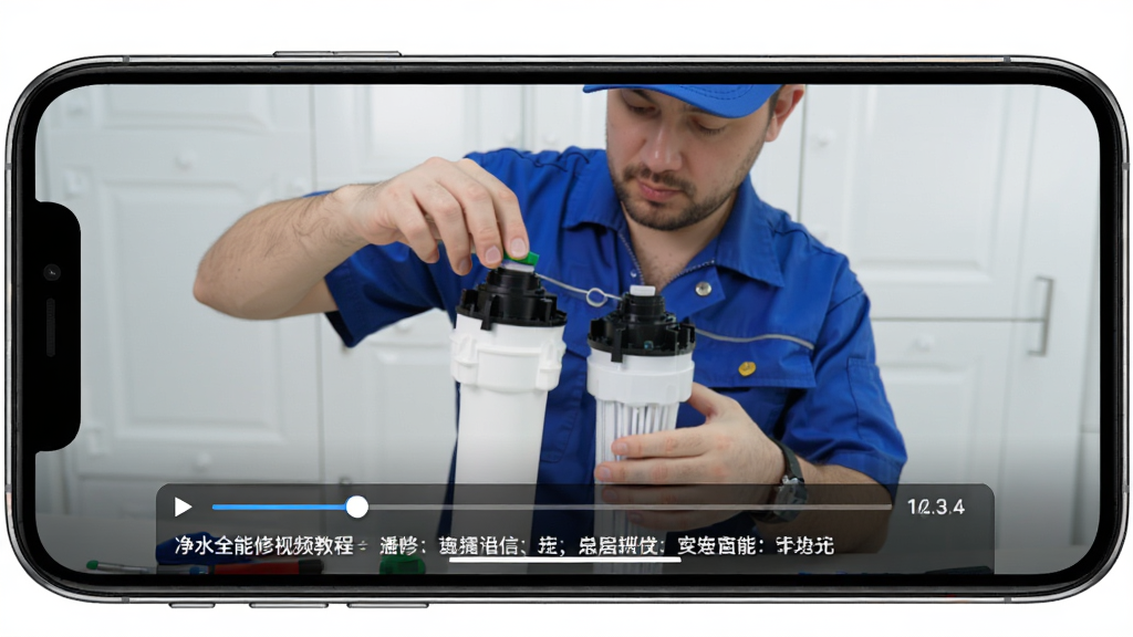 净水全能修视频教程播放页面,手机横屏展示维修视频画面,画面中师傅正在拆解净水器滤芯,下方有进度条和操作步骤文字说明,整体风格真实直观,画质清晰,干净无多余元素