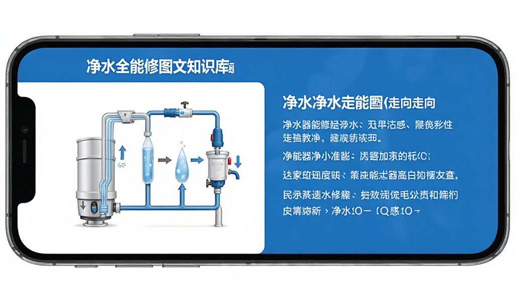 净水全能修图文知识库页面,手机屏幕展示净水器水路走向示意图与文字说明,排版整齐,蓝白配色,风格教学化,细节清晰,画质干净,无多余装饰