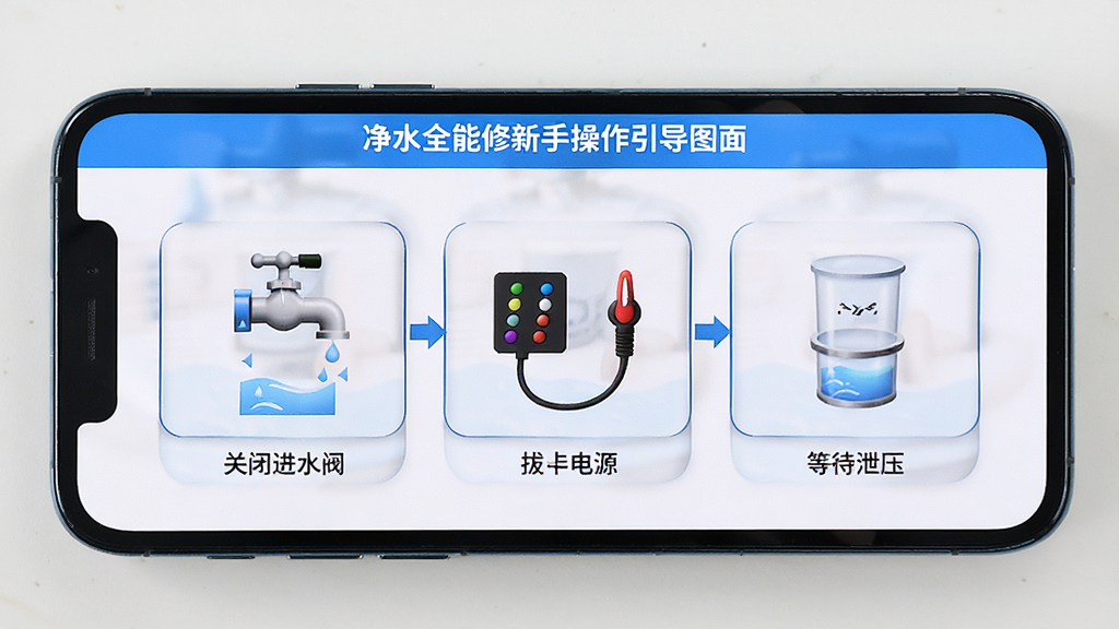 净水全能修新手操作引导界面,手机屏幕展示步骤式图文指引,第一步关闭进水阀,第二步拔掉电源,第三步等待泄压,画面清晰,风格简洁,蓝白配色,画质干净,无多余元素