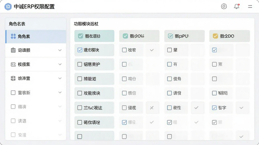 �г�ERP����Ȩ�����ý��棬����չʾ��ɫ�б���Ȩ�޹�ѡ�������Ϊ��ɫ���ƣ��Ҳ�Ϊ����ģ��ĸ�ѡ�򣬽������ƽ����ɫ����ͣ����ʸɾ����޶���Ԫ��