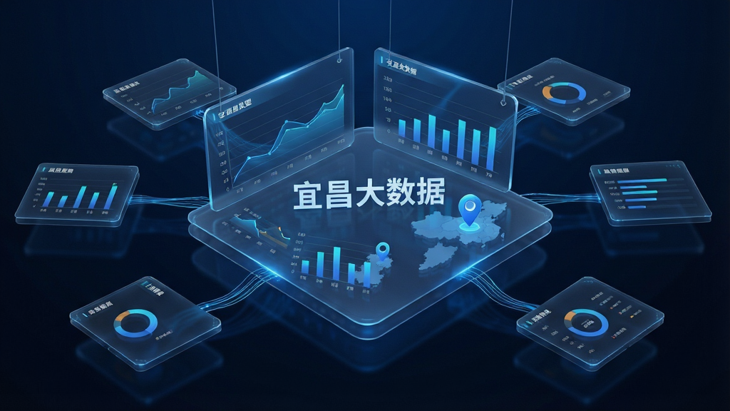一张以“宜昌大数据”为核心的数据可视化信息图,主体为悬浮在空中的半透明数据面板,面板上显示折线图、柱状图和地图标记;布局为中心放射状,四周延伸出不同数据模块;风格为科技蓝调写实风格;细节包括面板边缘发光、数据线条流畅、背景为深色渐变;画质为8K超高清,干净无多余元素。