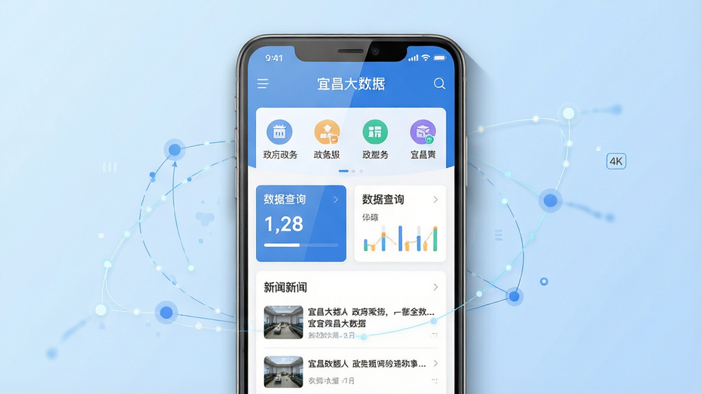 一张展示宜昌大数据APP核心界面的手机样机图,主体为一部居中放置的全面屏安卓手机,屏幕内清晰显示“宜昌大数据”应用首页,页面包含政务服务图标、数据查询卡片和新闻资讯列表;布局采用左右对称的简约排版,背景为淡蓝色渐变;风格为现代科技感扁平化设计;细节上手机边缘有柔和阴影,屏幕反光自然,周围环绕微小的数据节点连线;画质为4K超高清,干净无多余元素。