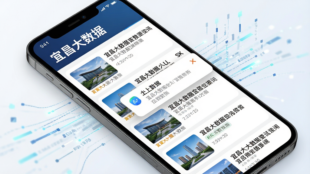 一张以“宜昌大数据”资讯页面为主题的手机界面图,主体为手机屏幕显示新闻列表和通知弹窗;布局为对角线构图,手机倾斜放置;风格为现代简约科技风;细节包括新闻缩略图清晰、时间标签醒目、背景有抽象数据流;画质为4K超高清,干净无多余元素。
