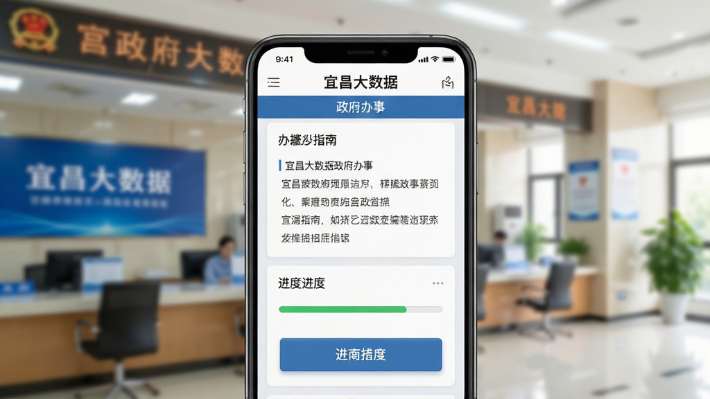 一部手机屏幕显示“宜昌大数据”政务办事页面,页面中有清晰的办事指南和进度条;主体为手机特写,布局为居中构图,背景为虚化的政务大厅;风格为明亮写实摄影风;细节上手机界面文字清晰,按钮有按压感,周围有柔和的自然光;画质为4K超高清,干净无多余元素。