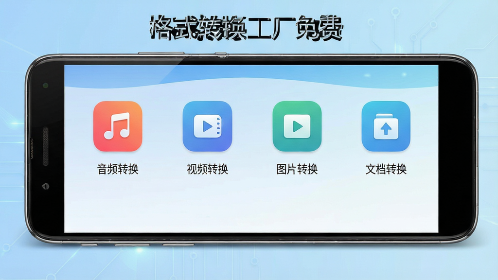 软件名称“格式转换工厂免费”主界面展示,主体为一部安卓手机屏幕,屏幕中显示格式转换工厂免费APP的首页,布局包含音频转换、视频转换、图片转换、文档转换四个功能图标整齐排列,排版简洁清晰,风格为现代扁平化科技风,细节包含手机边框高光、图标微渐变、背景浅蓝色渐变,画质高清1080P,干净,无多余元素