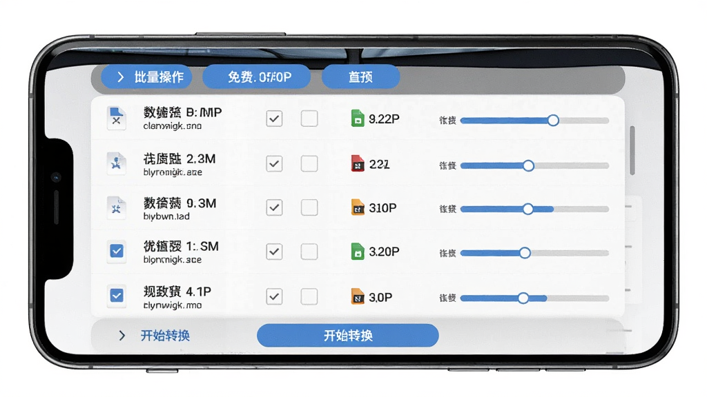 格式转换工厂免费APP批量转换任务界面,主体为手机屏幕显示多个待转换文件列表,布局为顶部显示批量操作按钮底部显示开始转换按钮,排版整齐每行一个文件带勾选框,风格为简约商务风,细节包含文件名、文件大小、格式图标、进度条,画质高清1080P,干净,无多余元素
