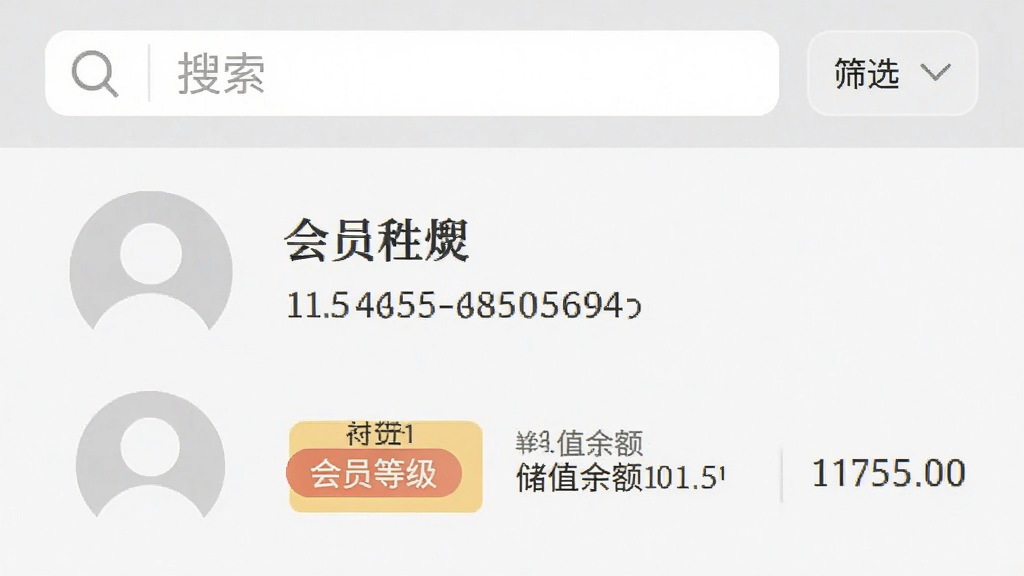 会员宝应用界面中展示会员列表页面,左侧为圆形头像占位图,右侧显示会员姓名、手机号尾号、会员等级标签与储值余额,页面顶部有搜索框与筛选按钮,背景为浅灰色,整体为手机应用截图风格,排版整齐,文字清晰,画质高清,画面干净,无多余元素