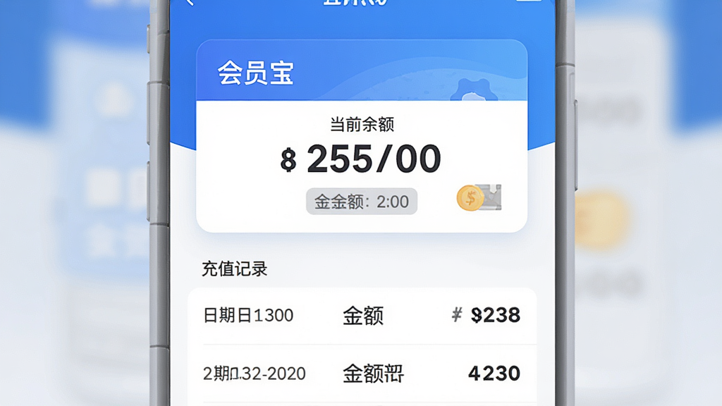 会员宝储值管理页面截图,页面中央显示一张会员储值卡样式的卡片,卡片上标注