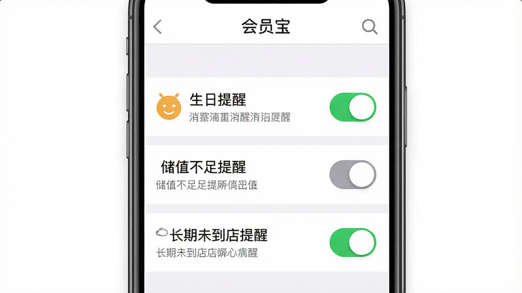 会员宝消息提醒设置页面,手机屏幕显示多个开关按钮,分别标注生日提醒、储值不足提醒、长期未到店提醒,每个开关旁有简短说明文字,页面顶部有