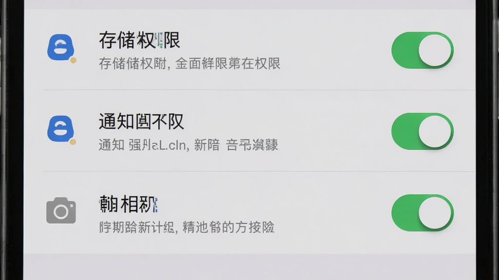 手机屏幕上显示会员宝应用的权限设置页面,页面中列出存储权限、通知权限、相机权限等选项,存储权限和通知权限显示为已开启状态,背景为浅灰色,整体为手机系统设置界面风格,排版为纵向列表,细节包括权限图标、开关按钮、说明文字,画质高清,画面干净,无多余元素