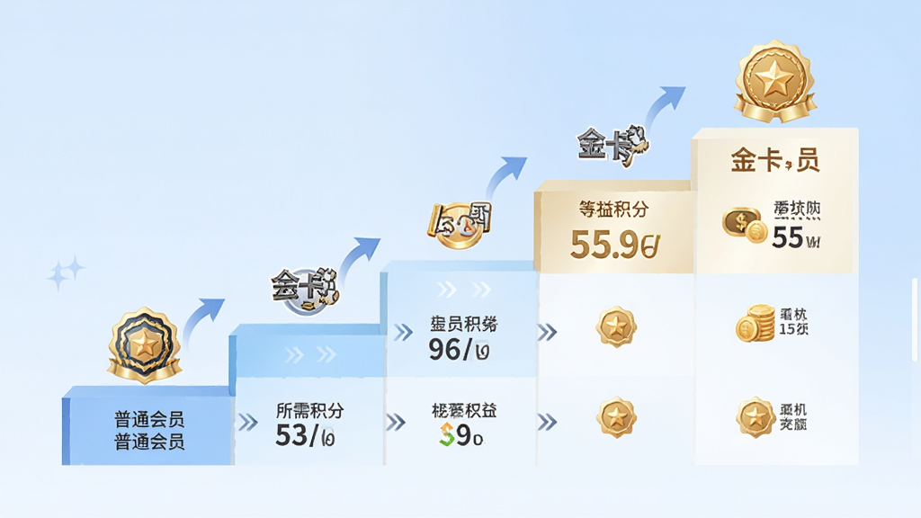 会员宝积分与等级设置界面,画面中展示一个阶梯状的会员等级示意图,从普通会员到金卡会员逐级上升,每一级旁边标注所需积分与对应权益图标,背景为淡蓝色渐变,整体为信息图表风格,排版横向展开,细节包括等级徽章、积分数字、箭头引导,画质高清,画面干净,无多余元素
