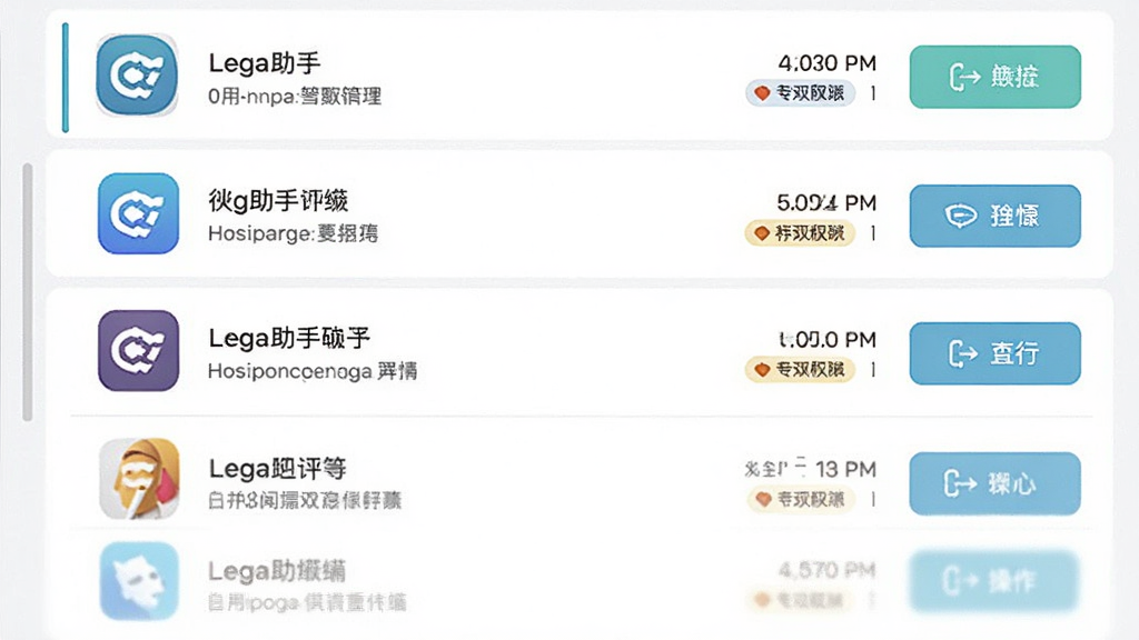 主体为徕加助手应用管理界面,布局为纵向列表,排版以图标加文字说明为主,风格为清新浅色商务风,细节包括每个应用右侧的占用空间数字、权限标签与操作按钮,画质清晰,干净,无多余元素