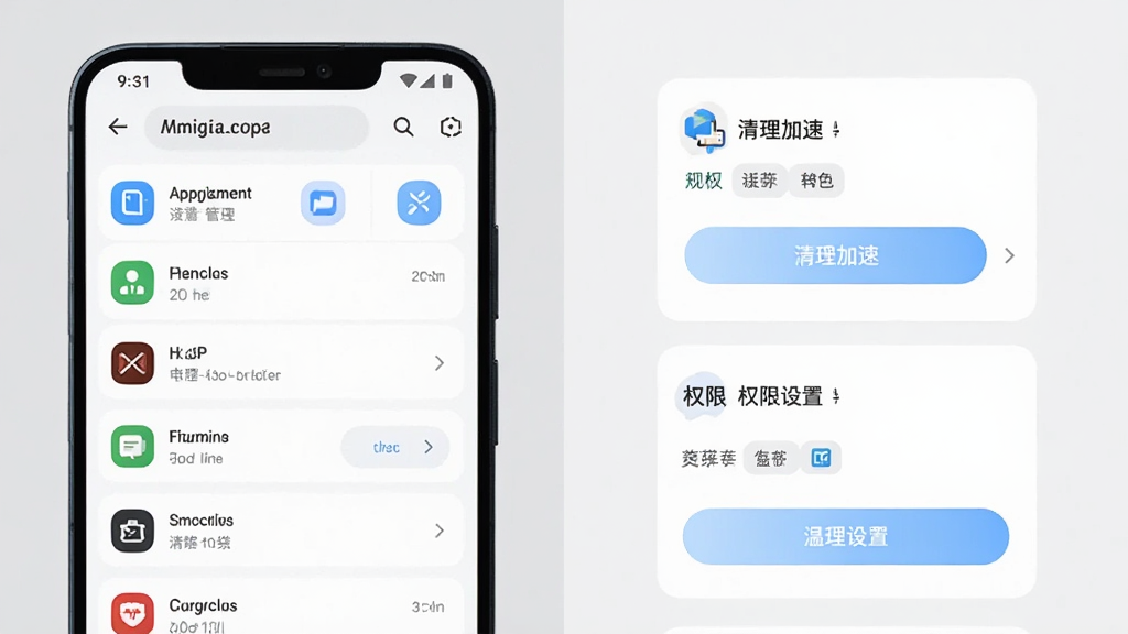 主体为一部安卓手机与徕加助手应用界面并排展示,布局采用左右分栏,左侧手机屏幕显示应用管理列表,右侧以卡片形式呈现清理加速与权限设置模块,排版干净整齐,风格为现代科技简约风,细节包括圆角图标、淡蓝渐变按钮与浅灰背景,画质高清,干净,无多余元素