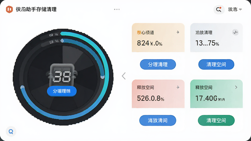 主体为徕加助手存储清理界面,布局为环形进度条与分类清理卡片,排版以数据可视化为主,风格为清爽极简风,细节包括扫描动画、清理按钮与释放空间数值,画质高清,干净,无多余元素