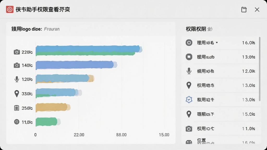 主体为徕加助手权限查看界面,布局为横向柱状图与权限列表,排版以图表加说明文字为主,风格为浅灰质感风,细节包括摄像头、麦克风、位置等图标与调用次数,画质清晰,干净,无多余元素
