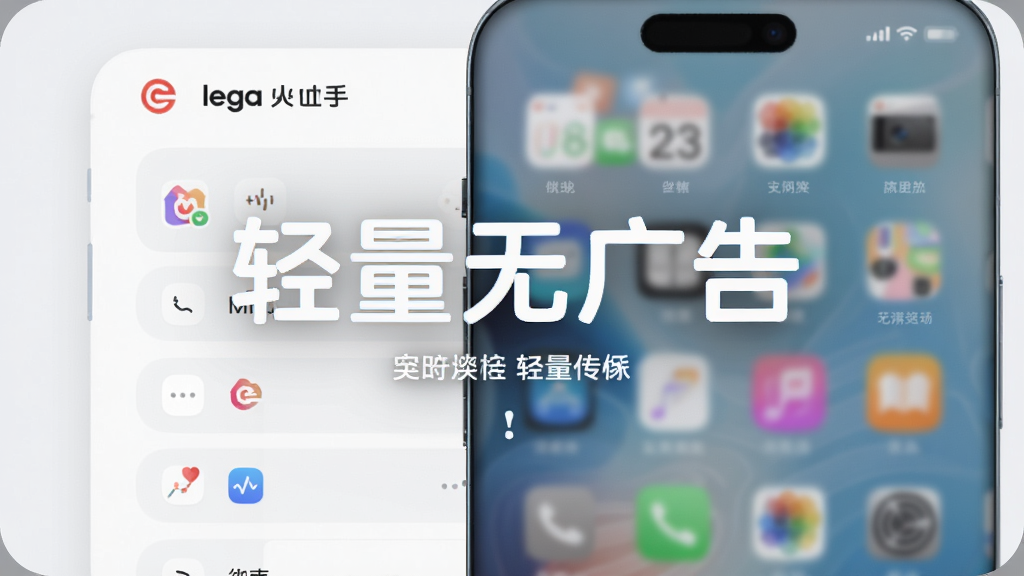 主体为徕加助手主界面与手机桌面融合展示,布局为居中构图,排版突出轻量无广告字样,风格为柔和圆角风,细节包括干净背景、简约图标与流畅线条,画质高清,干净,无多余元素