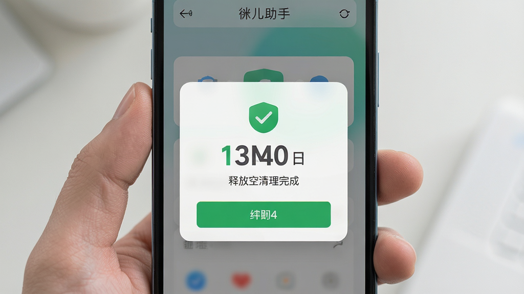 主体为手机屏幕显示徕加助手清理完成界面,布局为居中弹窗样式,排版以对勾图标与释放空间数字为核心,风格为清新浅色风,细节包括柔和阴影、绿色确认按钮与简洁文字说明,画质高清,干净,无多余元素