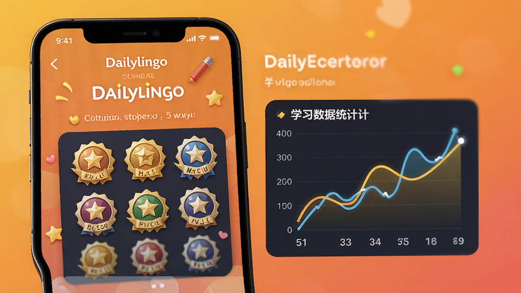 Dailylingoѧϰ�ɾ������������չʾ���ֻ���Ļ����ʾ��������������û���ǽ��ѧϰ����ͳ������ͼ������Ϊůɫ�����䣬�����ü�����ϸ�ڷḻ�������������޶���Ԫ�ء�