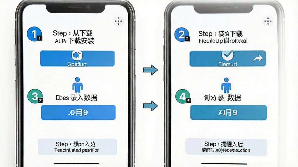 健康追踪管家新手操作指引图,画面为手机屏幕截图风格,展示从下载安装到录入数据的四个步骤流程,每个步骤用数字标注,配有箭头引导,屏幕下方有提醒设置入口,背景为白色,风格清晰直观,细节包括步骤编号、操作按钮高亮、手机边框,画质高清,干净,无多余元素