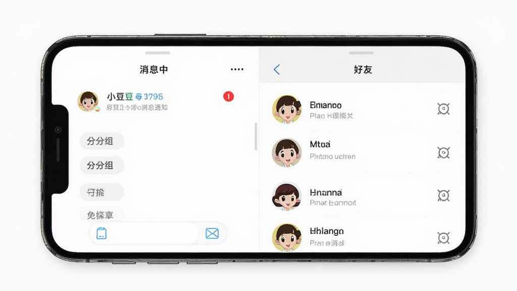 小豆豆语音消息通知与好友列表界面,主体为手机屏幕展示消息中心和好友列表,布局为左右分栏或上下结构,排版清晰有序,风格为简约现代的聊天应用设计,细节包括未读红点、好友头像、分组标签、免打扰图标,画质高清,干净,无多余元素。